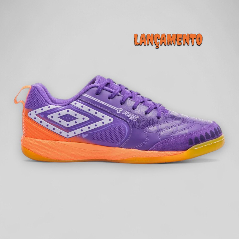 CHUTEIRA FUTSAL UMBRO PRO 5 BUMP DLM ROXO/LARANJA